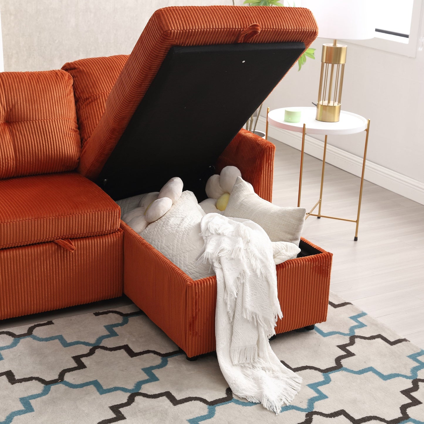 Divano a 3 posti a L in velluto a coste arancione da 81,1'' con chaise longue reversibile e sedili contenitore