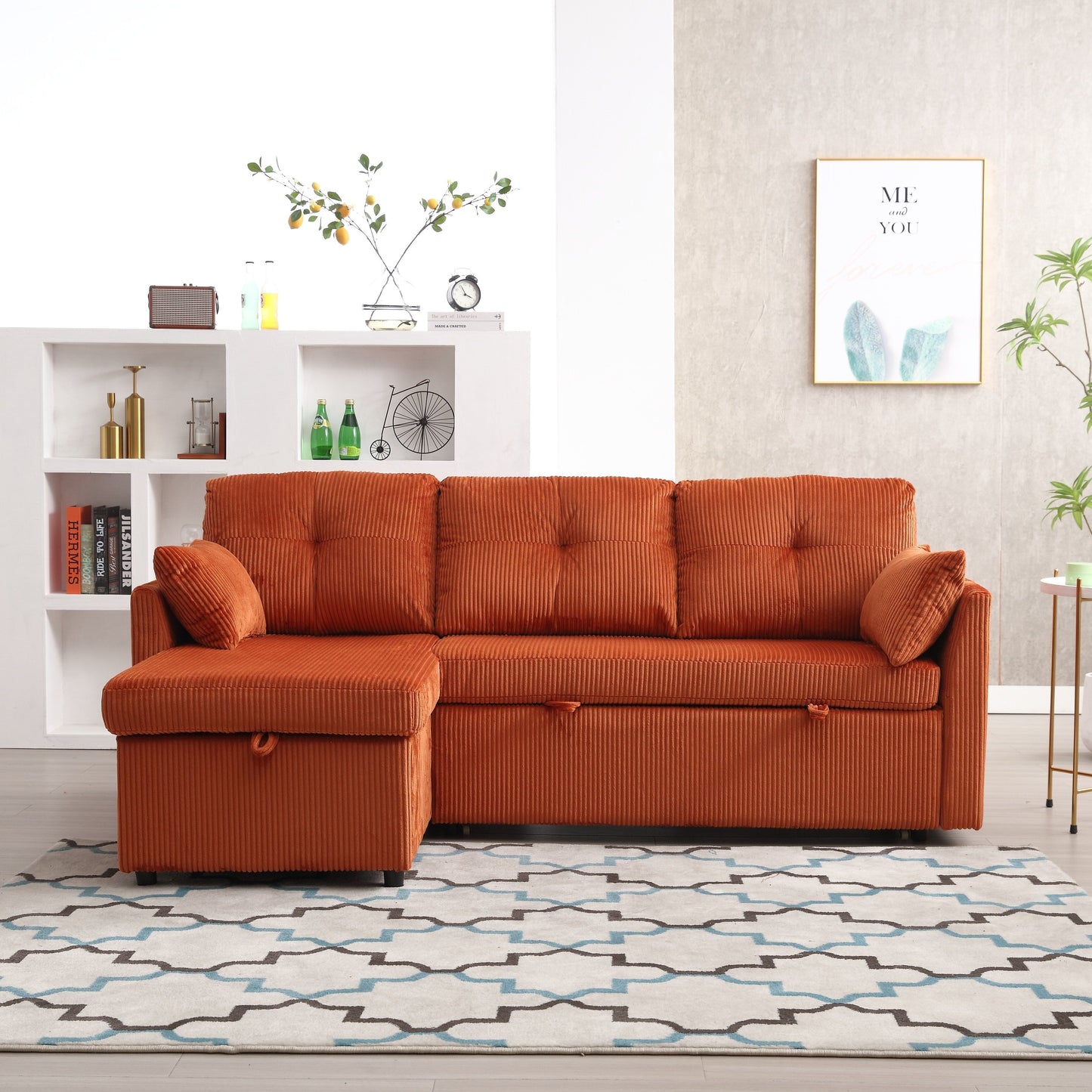 Divano a 3 posti a L in velluto a coste arancione da 81,1'' con chaise longue reversibile e sedili contenitore