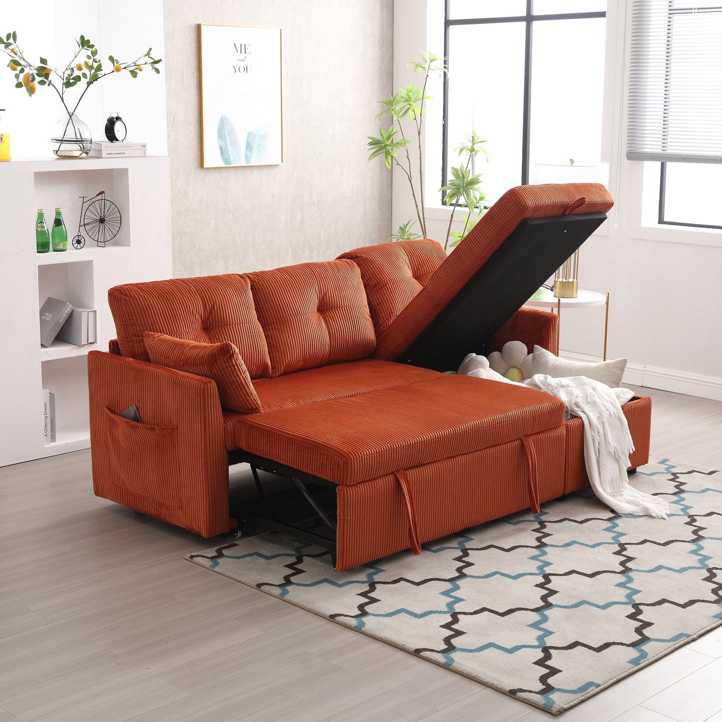 Divano a 3 posti a L in velluto a coste arancione da 81,1'' con chaise longue reversibile e sedili contenitore