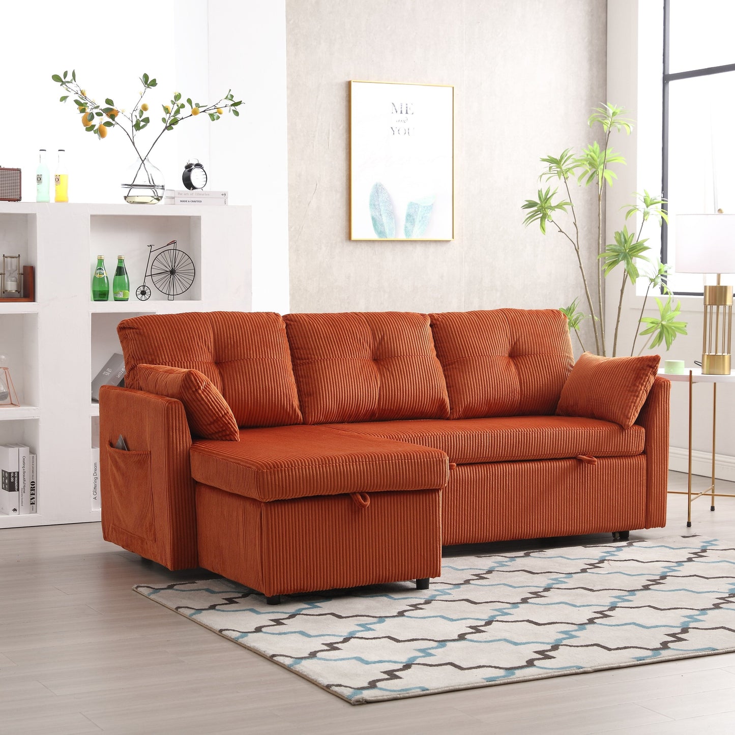 Divano a L arancione da 81,1'' in tessuto con chaise longue reversibile, contenitore, struttura in legno massello e seduta in schiuma