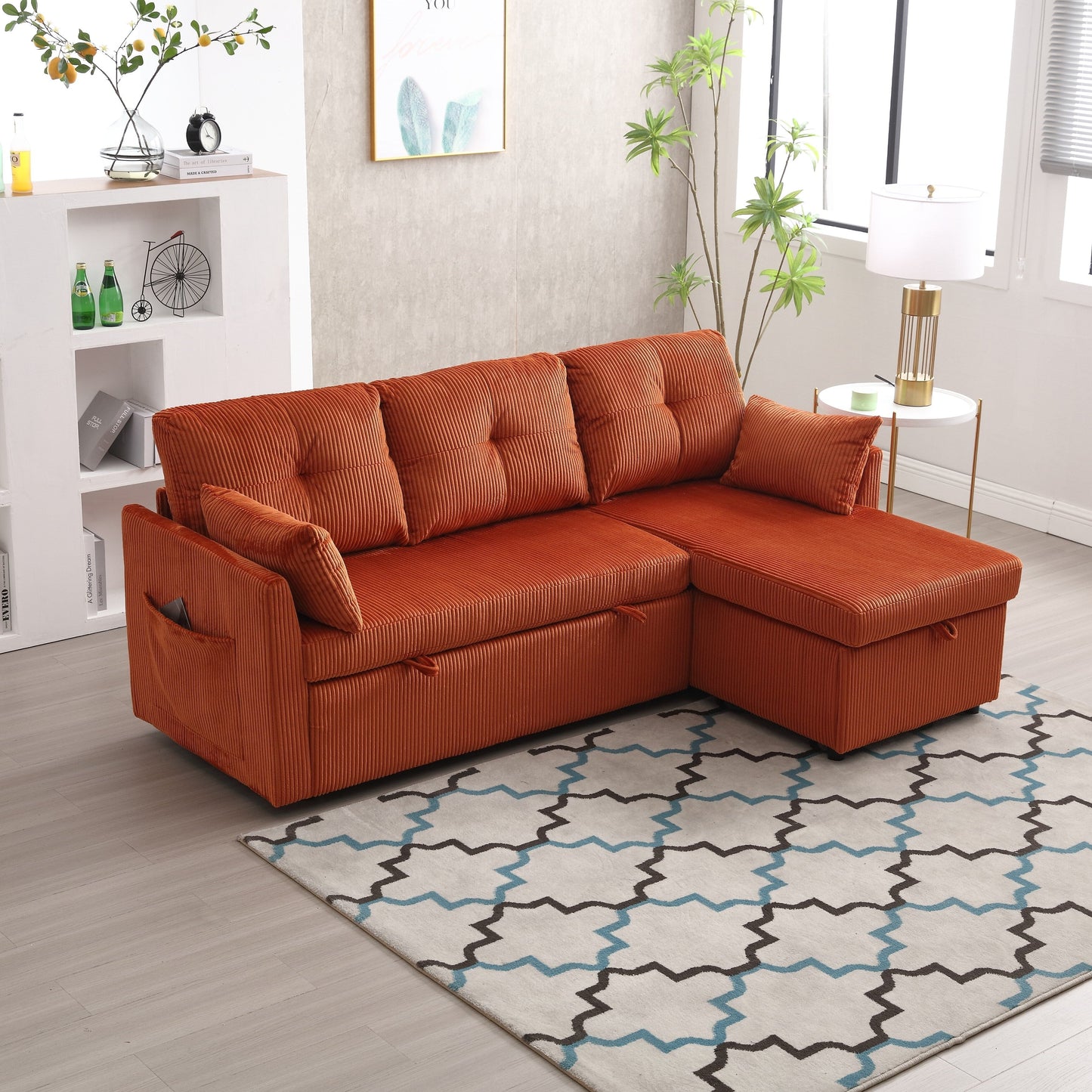 Divano in tessuto arancione a L da 81,1'': chaise longue reversibile, contenitore, struttura in legno massello e seduta in schiuma
