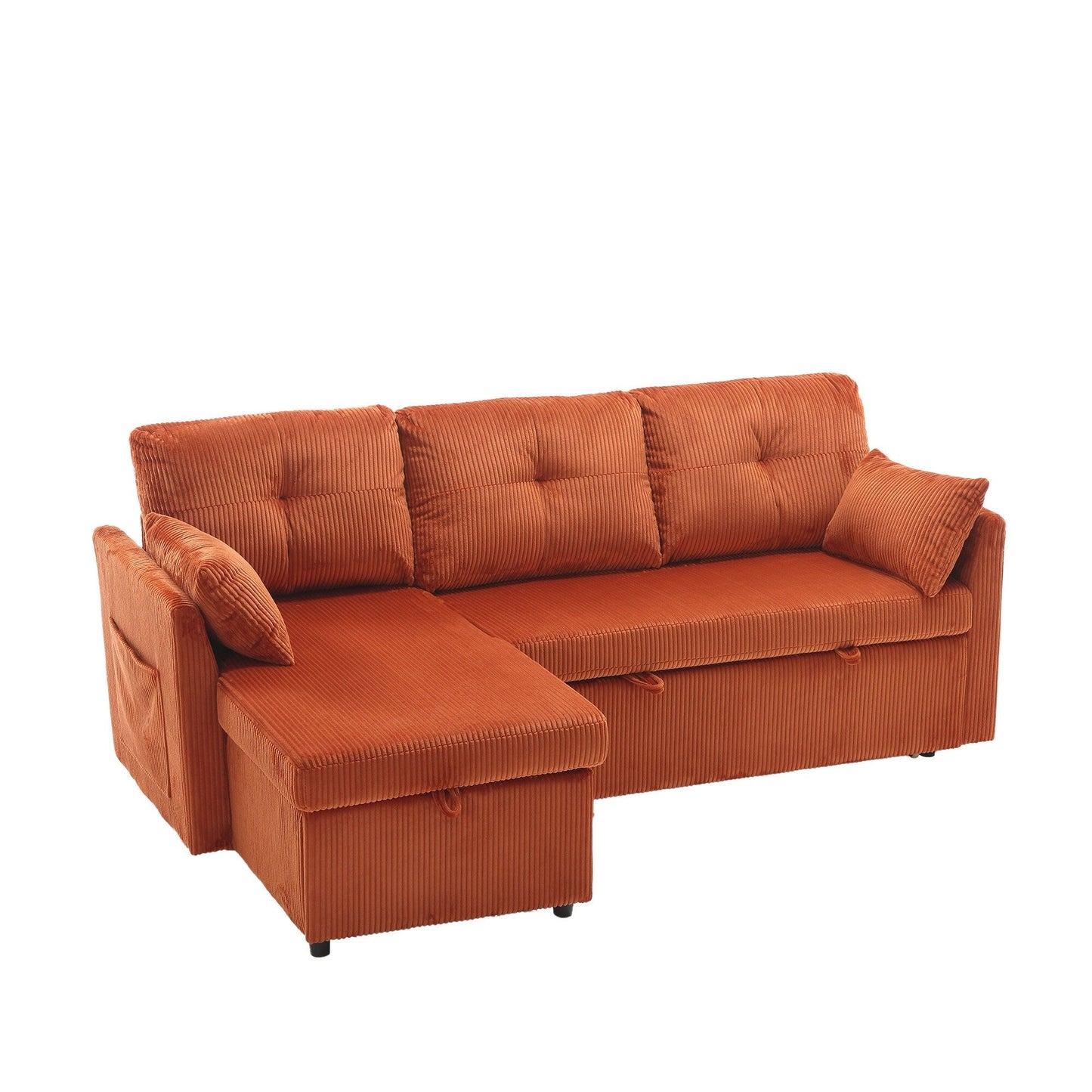 Divano in tessuto arancione a L da 81,1'': chaise longue reversibile, contenitore, struttura in legno massello e seduta in schiuma