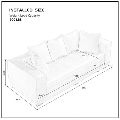 Divano in velluto a coste arancione da 88,97'' con cinque cuscini, struttura inferiore robusta e design confortevole