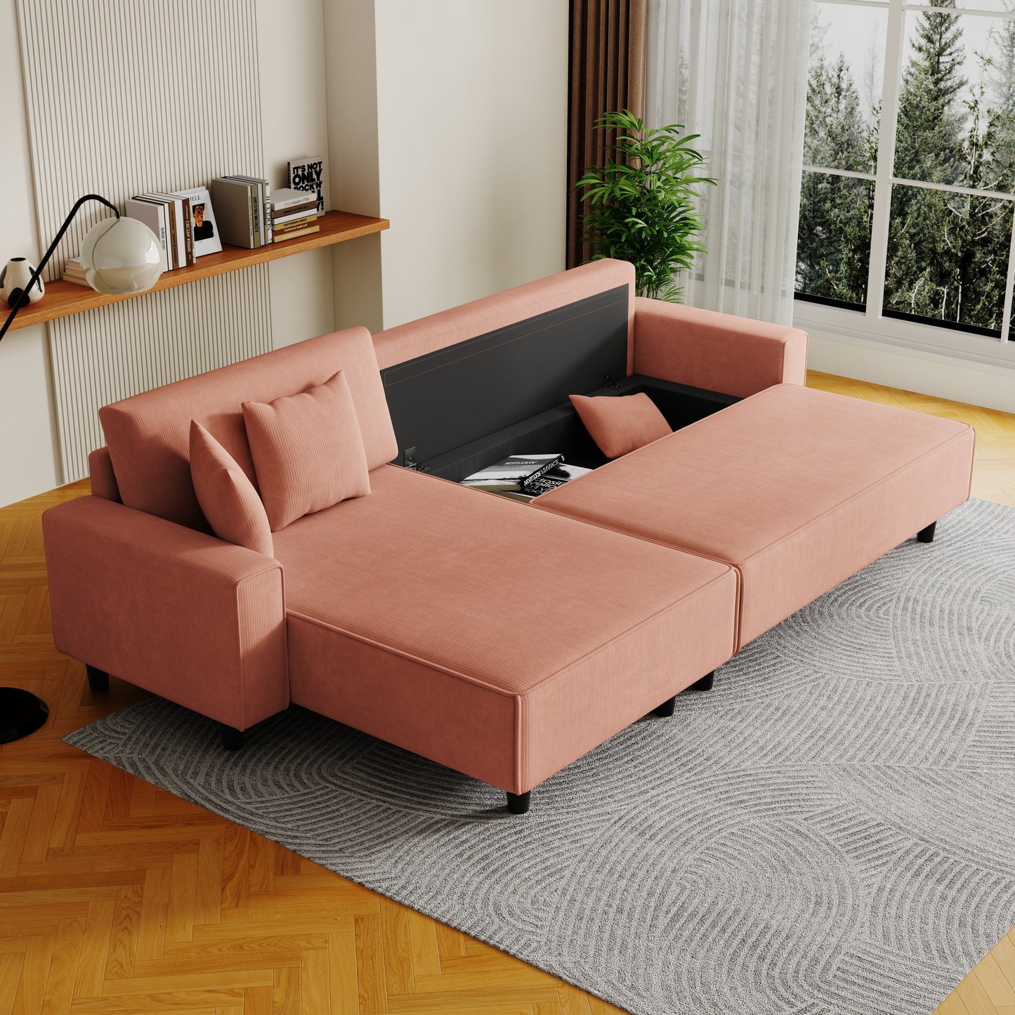 Divano letto convertibile in velluto a coste arancione da 93'' a 3 posti con chaise longue regolabile, due cuscini e spazio di archiviazione - Design salvaspazio