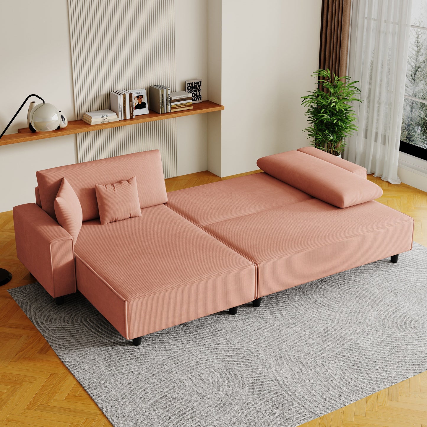 Divano letto convertibile in velluto a coste arancione da 93'' a 3 posti con chaise longue regolabile, due cuscini e spazio di archiviazione - Design salvaspazio