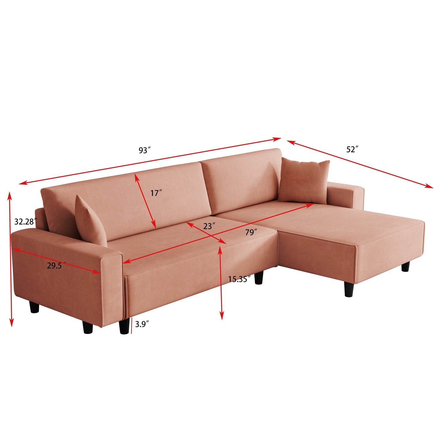 Divano letto convertibile in velluto a coste arancione da 93'' a 3 posti con chaise longue regolabile, due cuscini e spazio di archiviazione - Design salvaspazio