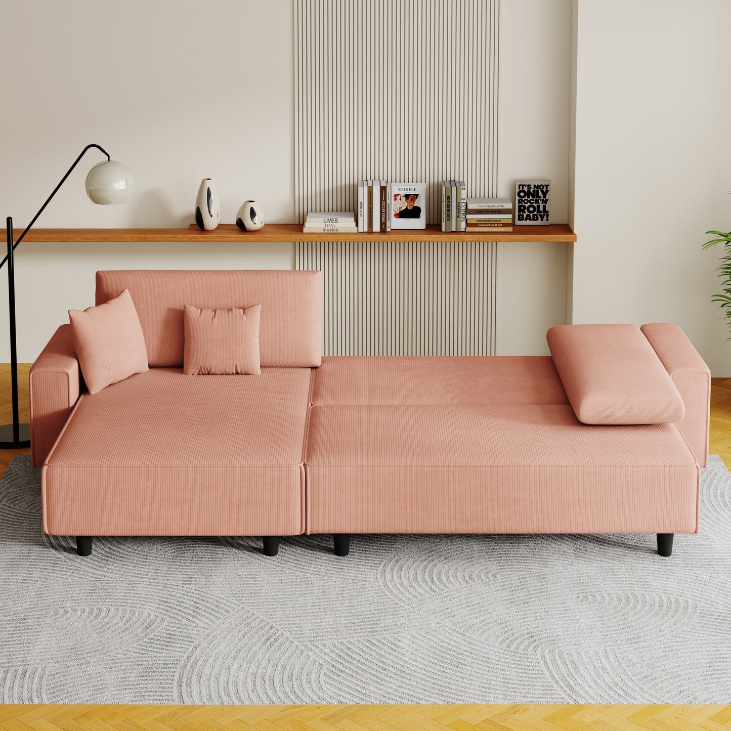 Divano letto convertibile in velluto a coste arancione da 93'' a 3 posti con chaise longue regolabile, due cuscini e spazio di archiviazione - Design salvaspazio