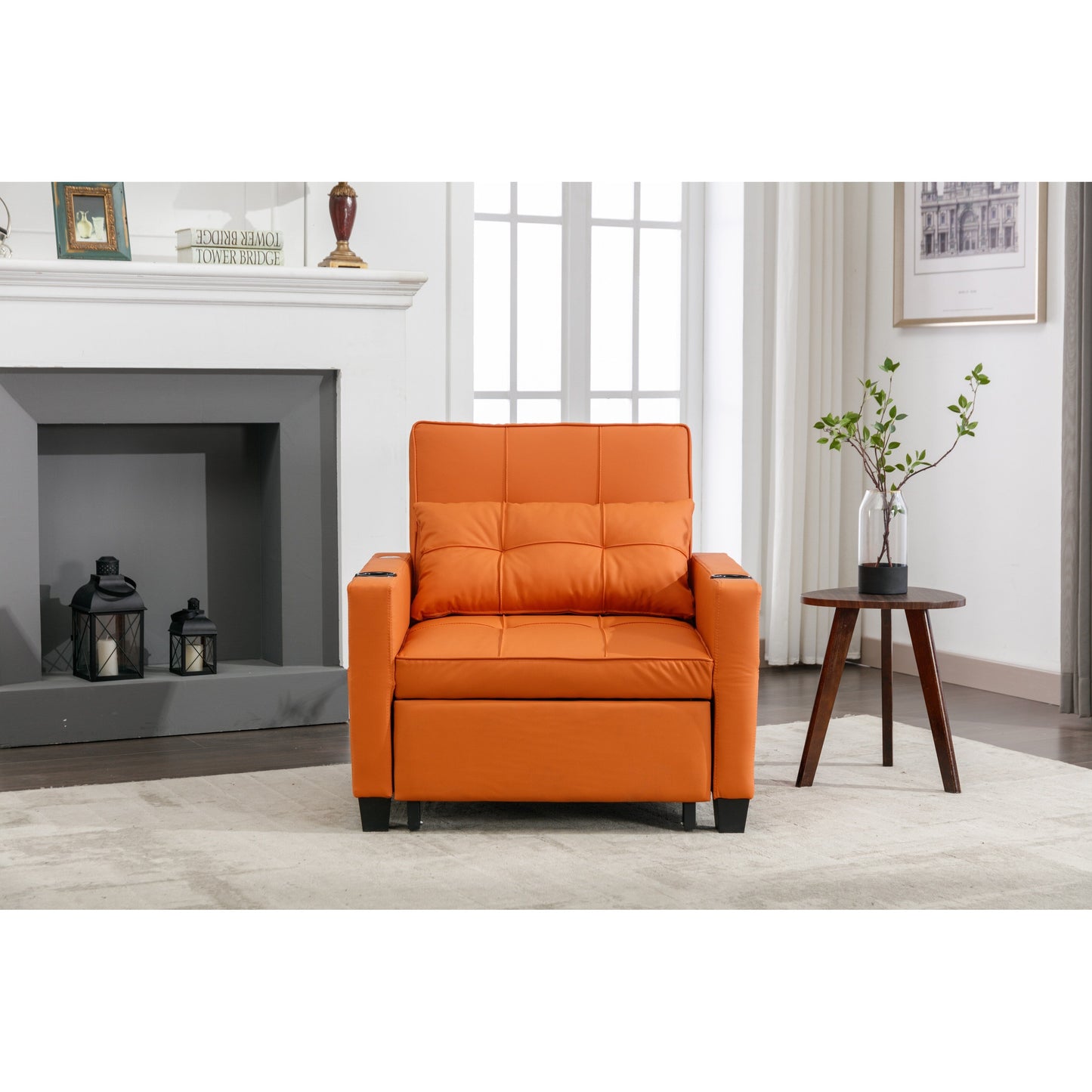 Divano letto trasformabile in similpelle arancione con porte USB