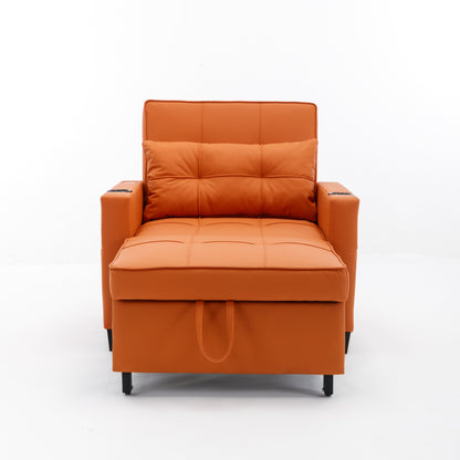 Divano letto trasformabile in similpelle arancione con porte USB