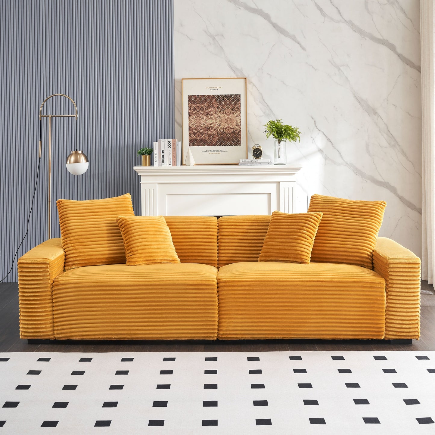 Divano moderno arancione 104.72 in velluto a coste a 4 posti con 4 cuscini decorativi per soggiorno