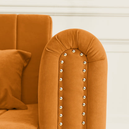 Divano letto estraibile 3 in 1 in schiuma arancione moderno da 68 posti con chiodi in rame e due cassetti