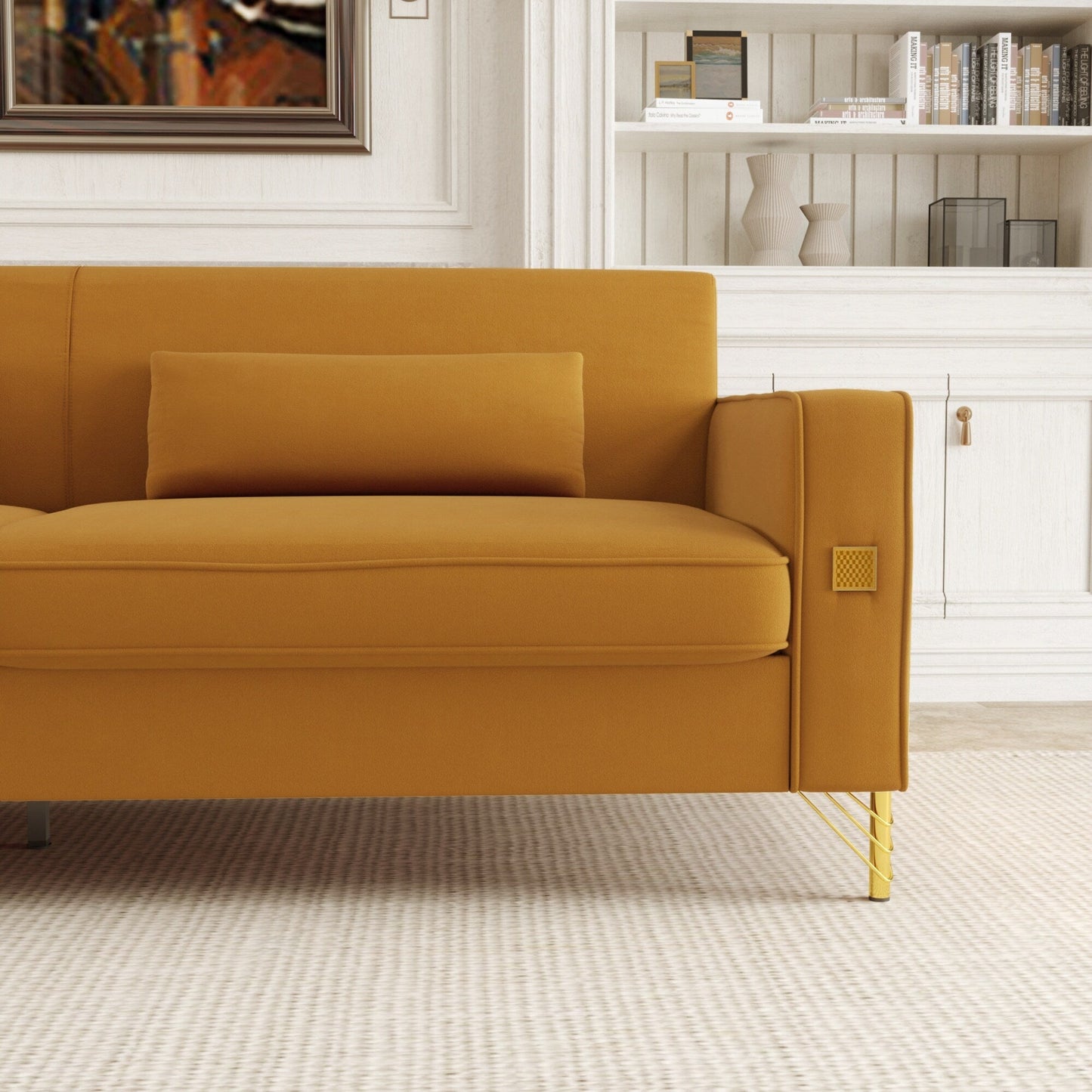 Divano moderno arancione 85.63 in velluto a 3 posti con dettagli dorati e cuscini morbidi per il soggiorno