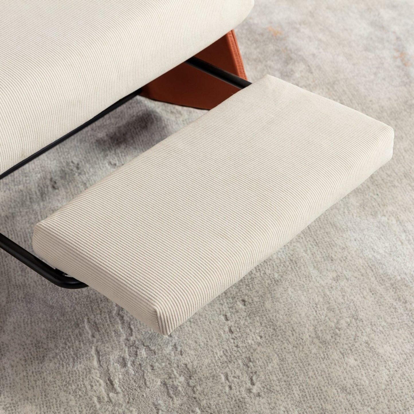 Poltrona reclinabile moderna imbottita in velluto a coste arancione e beige con poggiapiedi e gambe in pelle PU per soggiorno e camera da letto