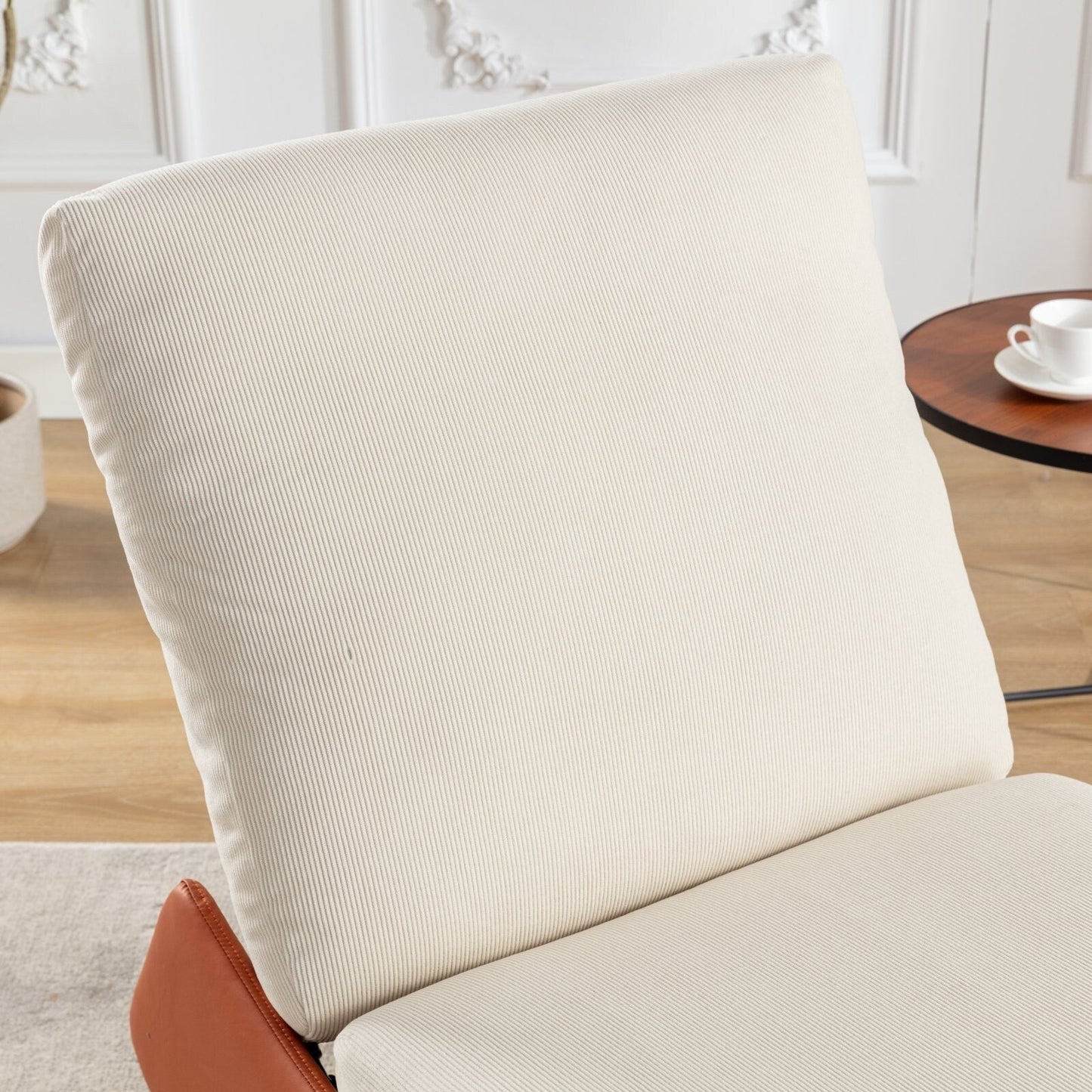 Poltrona reclinabile moderna imbottita in velluto a coste arancione e beige con poggiapiedi e gambe in pelle PU per soggiorno e camera da letto