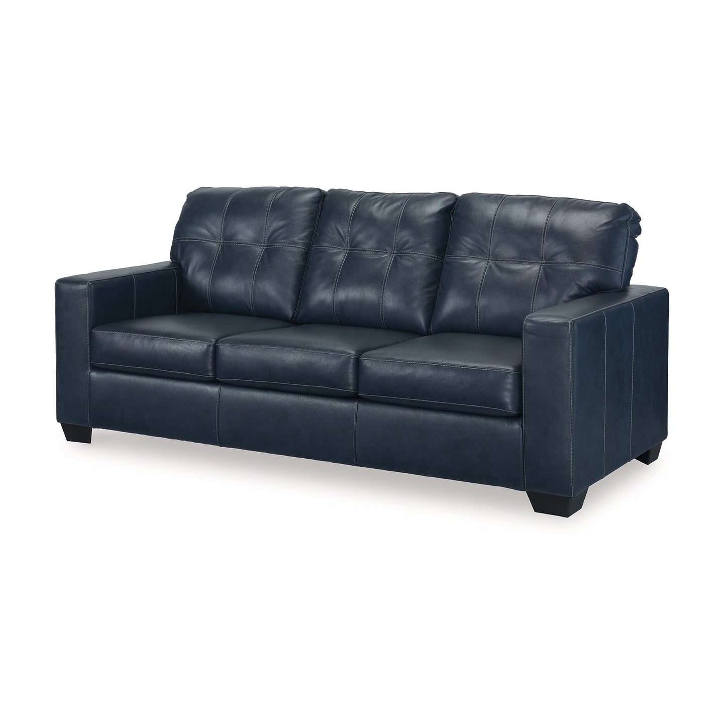 Divano Orion, cuscini in vera e similpelle trapuntati blu oceano, 85 pollici