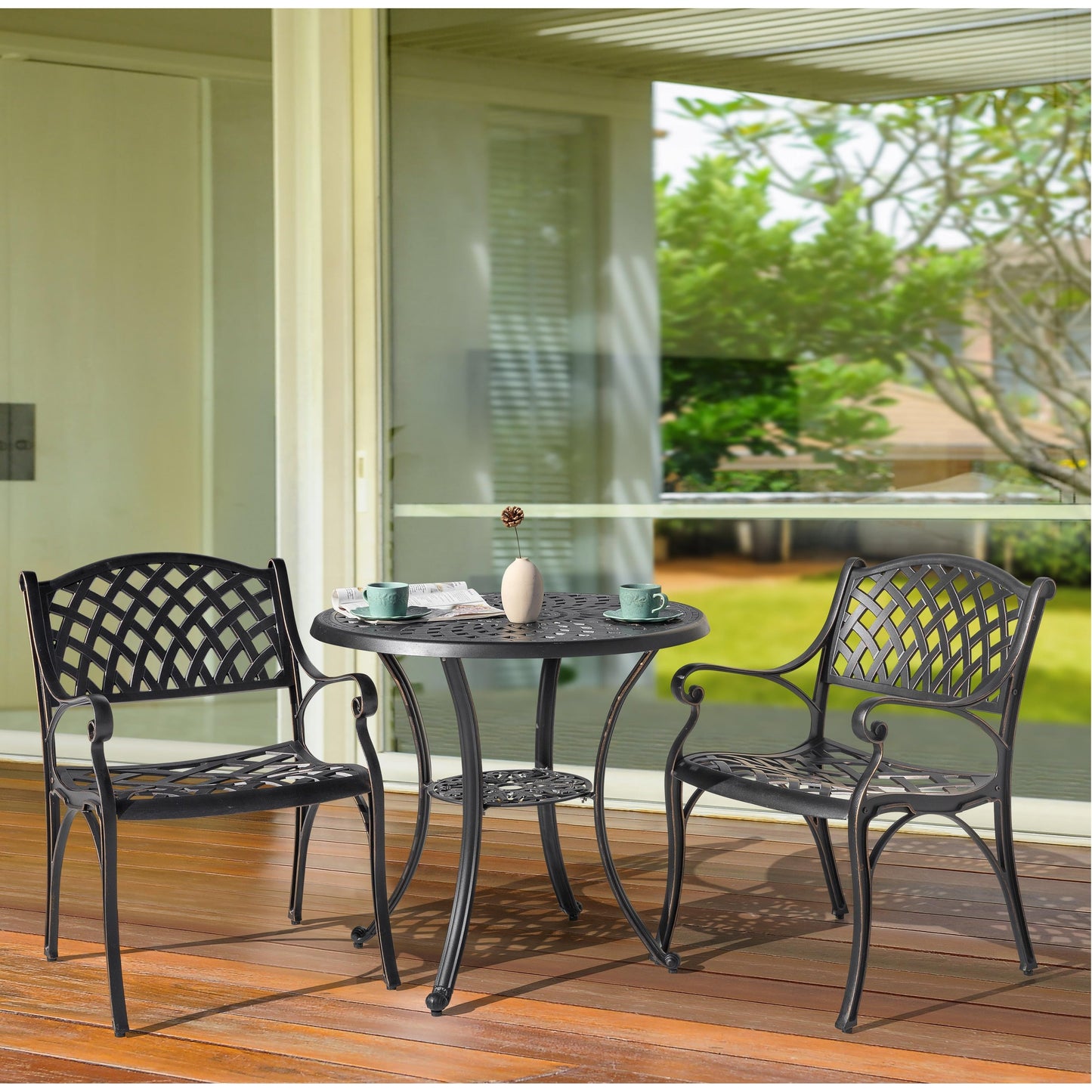 Set da bistrot per esterni in alluminio pressofuso per 2 persone con foro per ombrellone