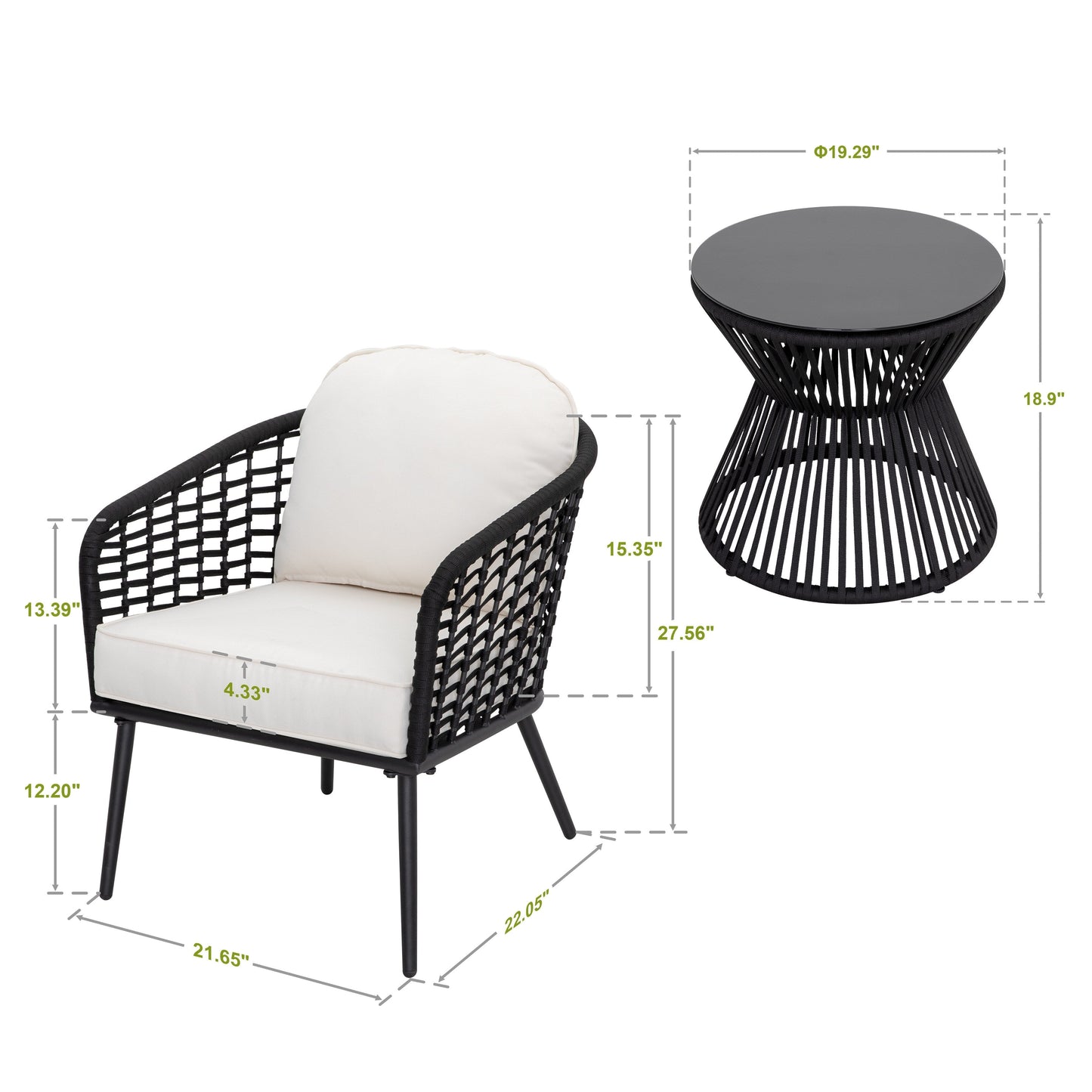 Set da bistrot da esterno per patio, 3 pezzi, 1 tavolino e 2 sedie, nero