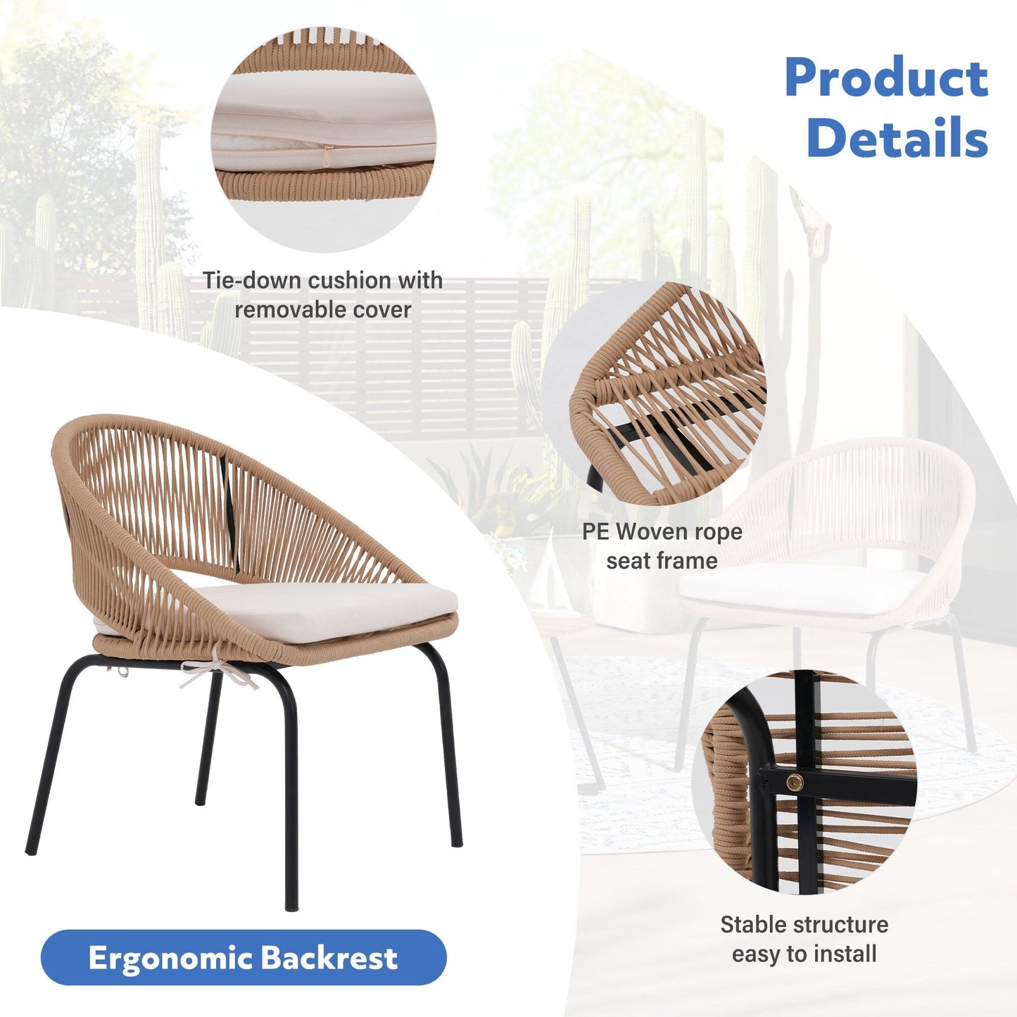 Set da salotto moderno con 3 sedie imbottite in vimini per esterni