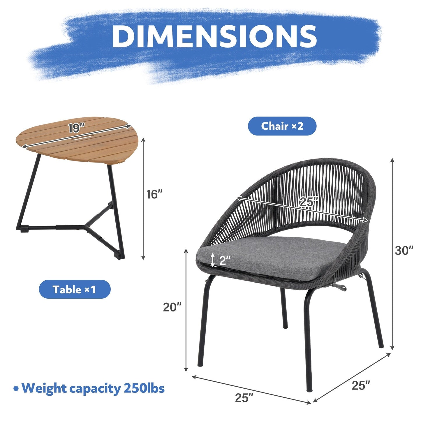 Set da salotto moderno con 3 sedie imbottite in vimini per esterni