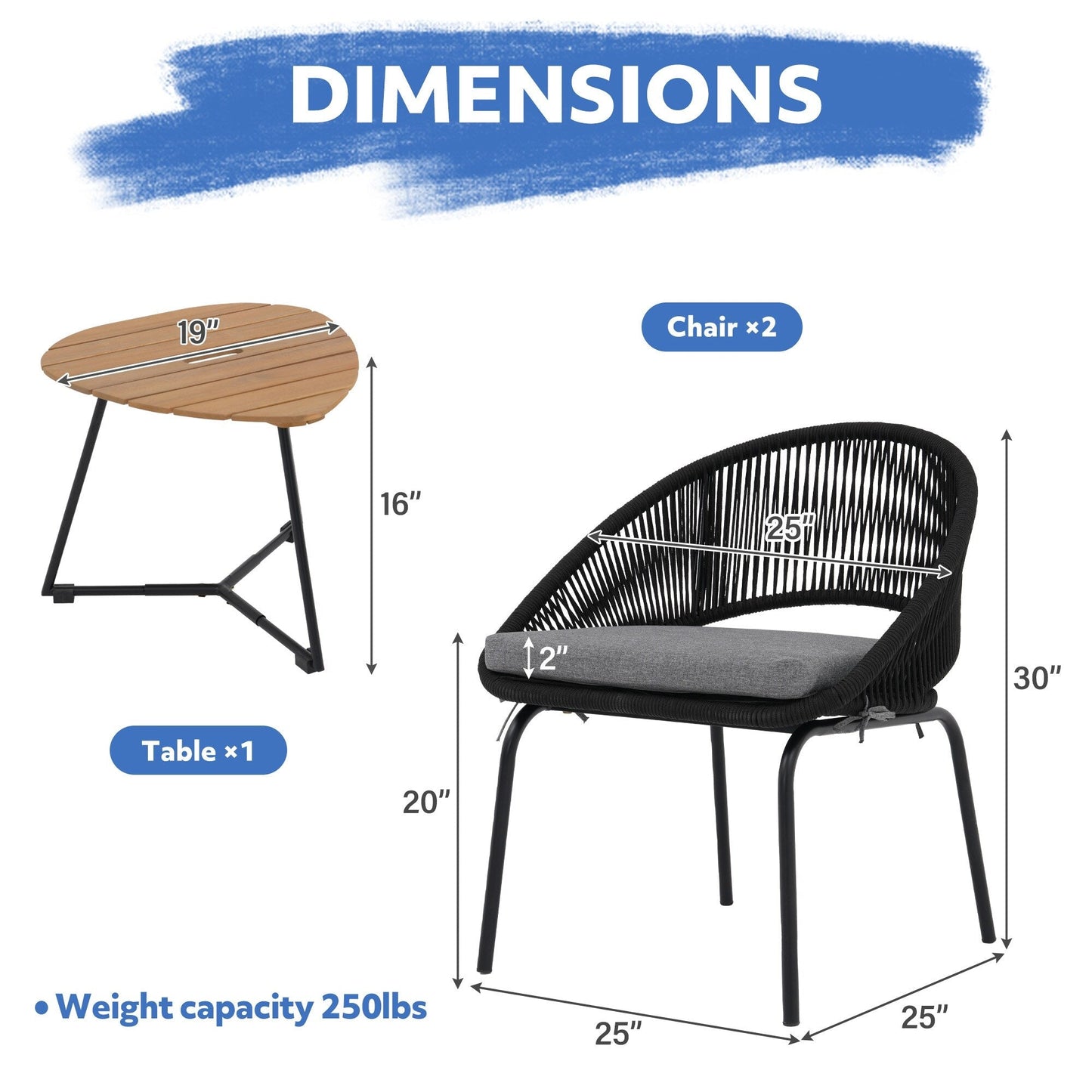 Set da salotto moderno con 3 sedie imbottite in vimini per esterni