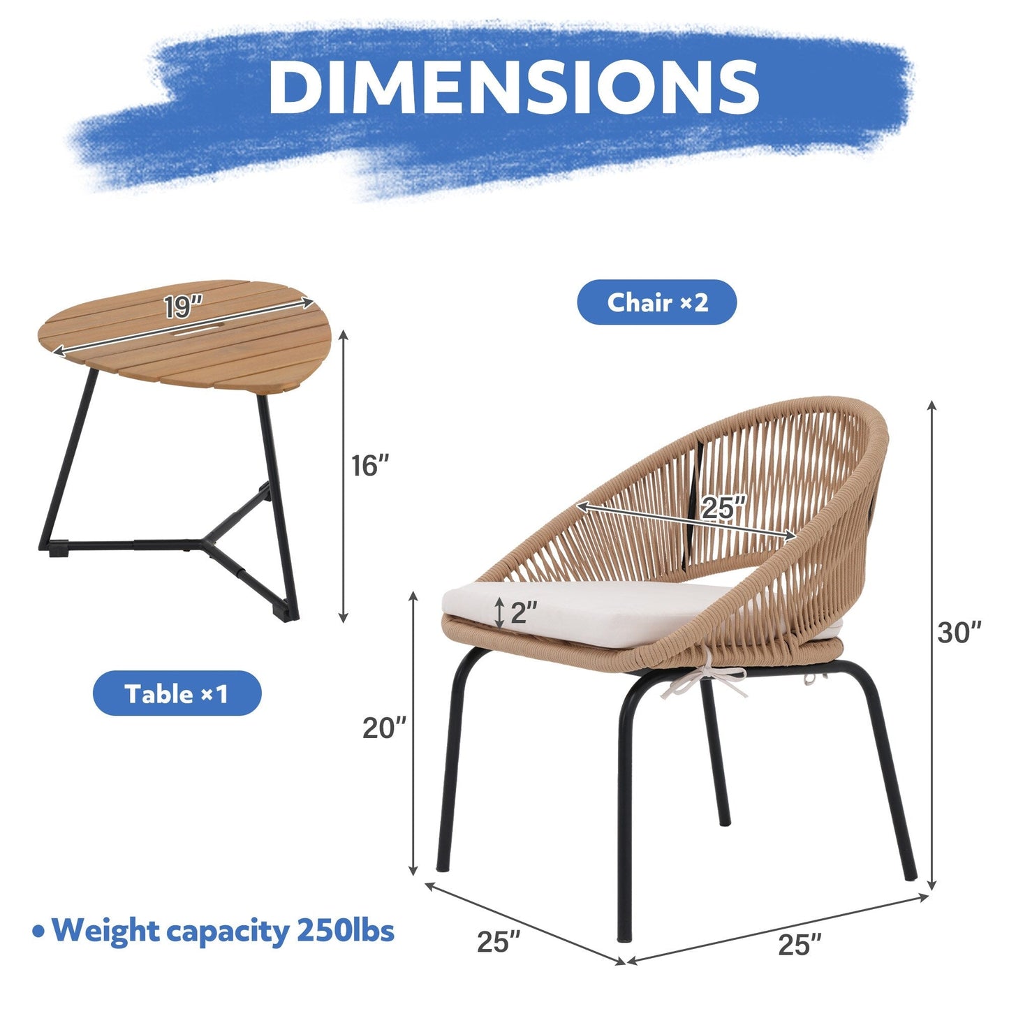 Set da salotto moderno con 3 sedie imbottite in vimini per esterni