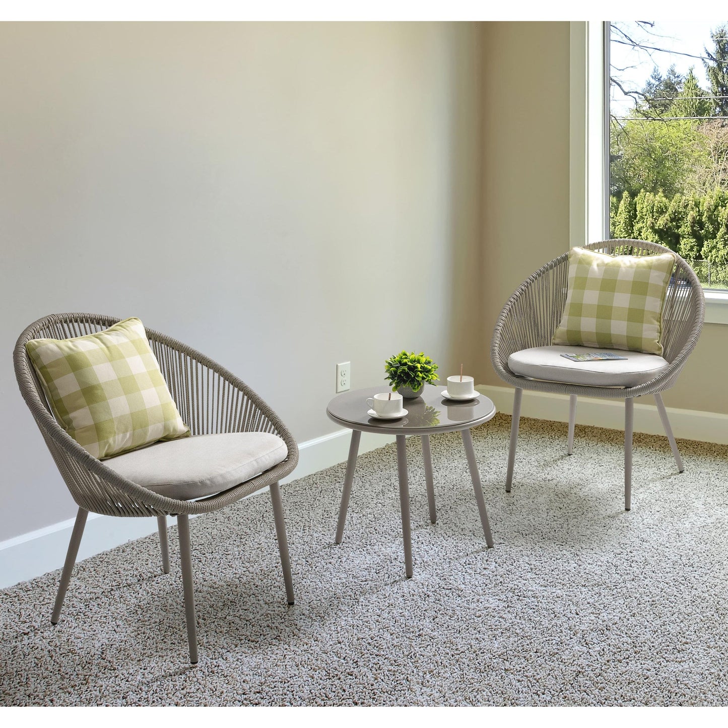 Set da bistrot da esterno in corda intrecciata da 3 pezzi con cuscini, grigio scuro