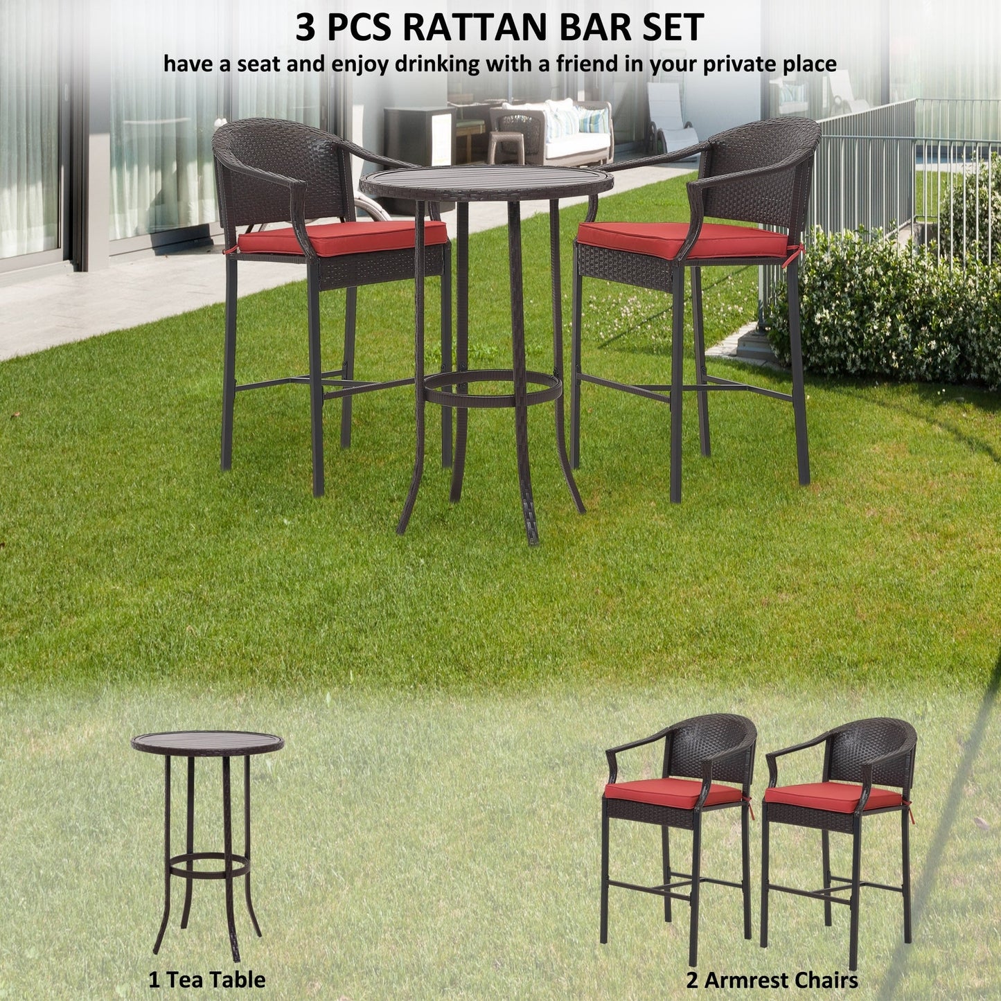 Set da bar per esterni da 3 pezzi con piano in ferro