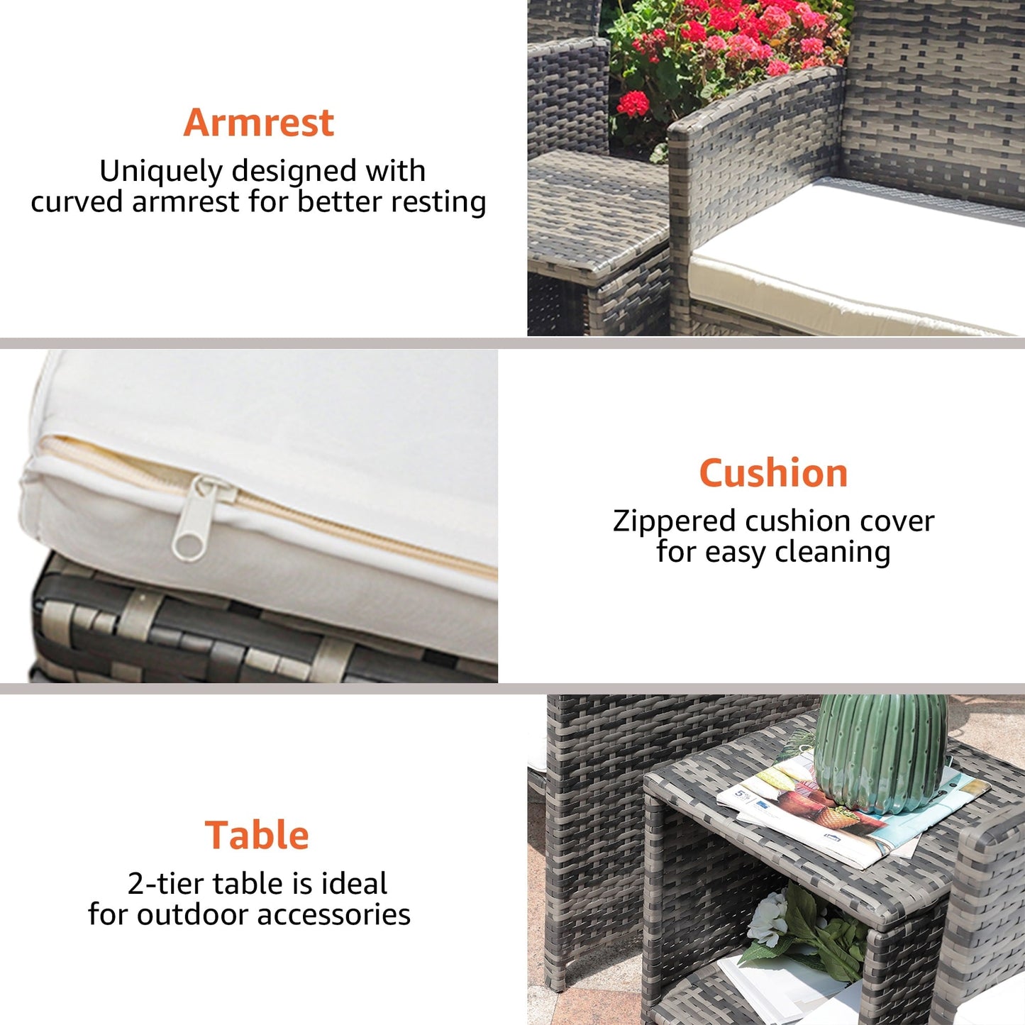 Set da bistrot in vimini da 3 pezzi per patio, sedia imbottita e tavolino laterale