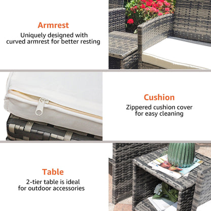 Set da bistrot in vimini da 3 pezzi per patio, sedia imbottita e tavolino laterale