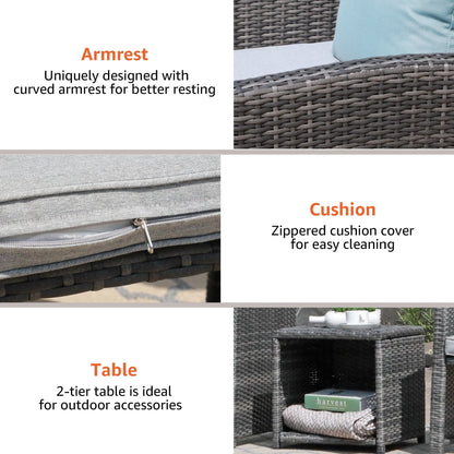 Set da bistrot in vimini da 3 pezzi per patio, sedia imbottita e tavolino laterale