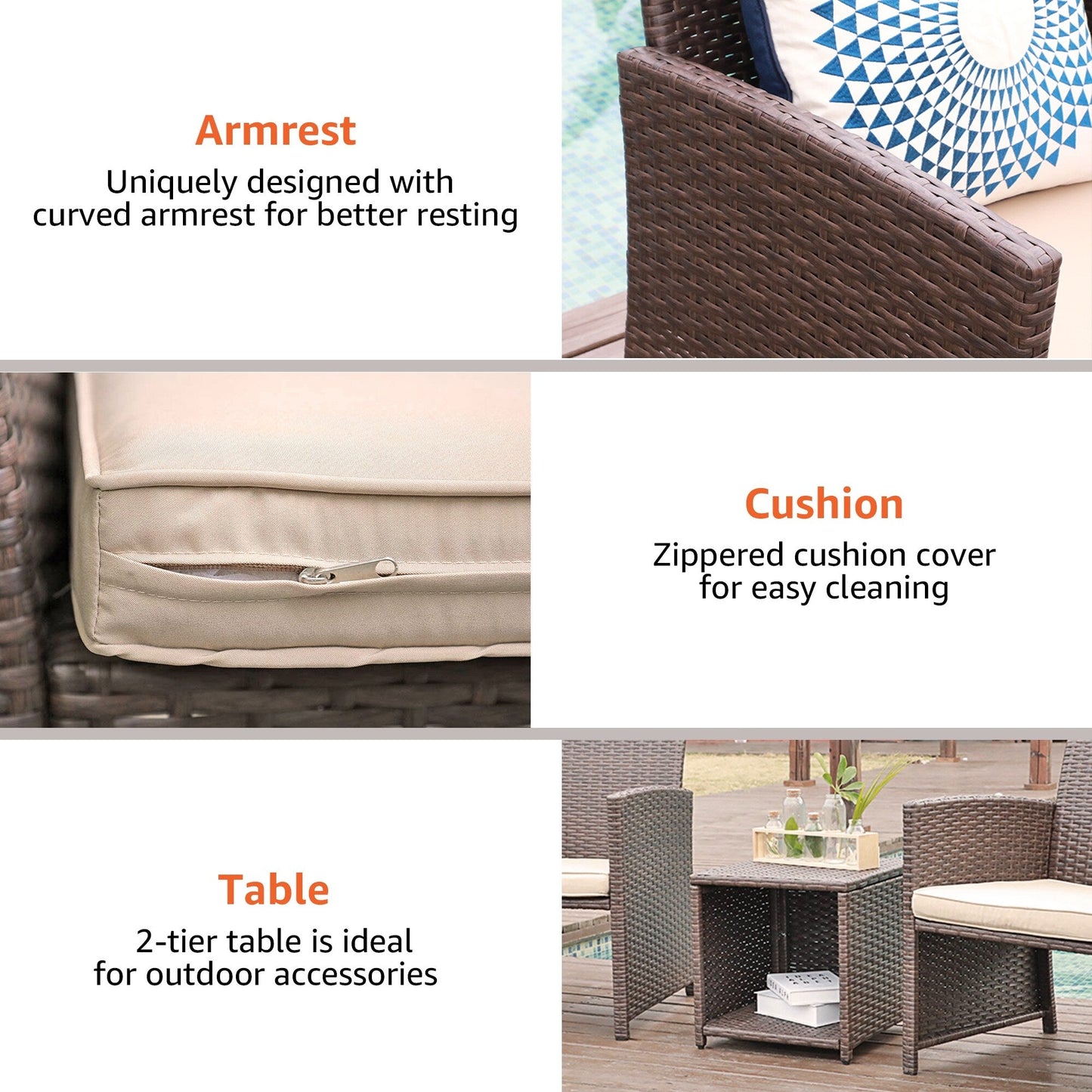 Set da bistrot in vimini da 3 pezzi per patio, sedia imbottita e tavolino laterale