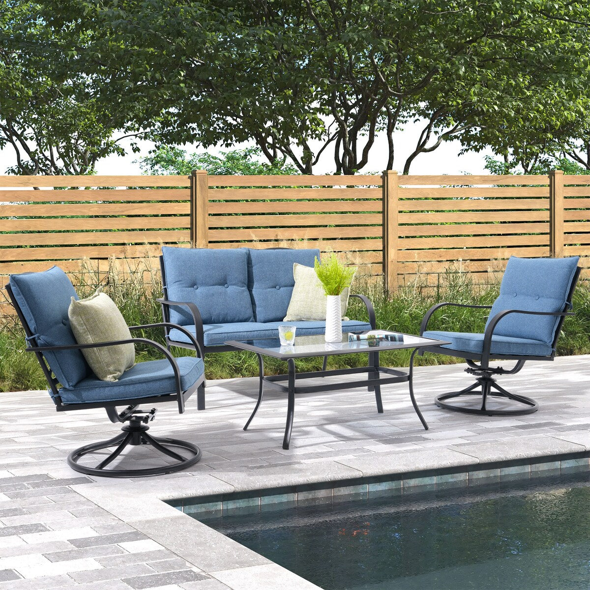 Gruppo di sedute da esterno per 4 persone, sedia girevole da patio con cuscini, tavolo in vetro temperato