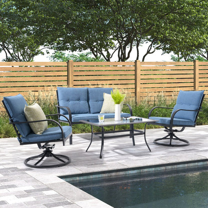 Gruppo di sedute da esterno per 4 persone, sedia girevole da patio con cuscini, tavolo in vetro temperato
