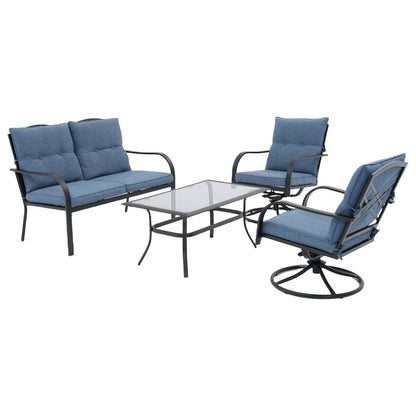 Gruppo di sedute da esterno per 4 persone, sedia girevole da patio con cuscini, tavolo in vetro temperato