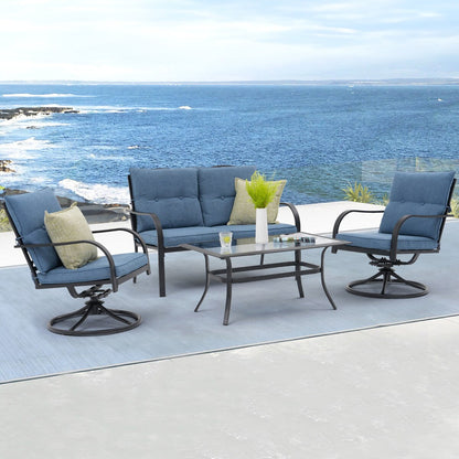 Gruppo di sedute da esterno per 4 persone, sedia girevole da patio con cuscini, tavolo in vetro temperato