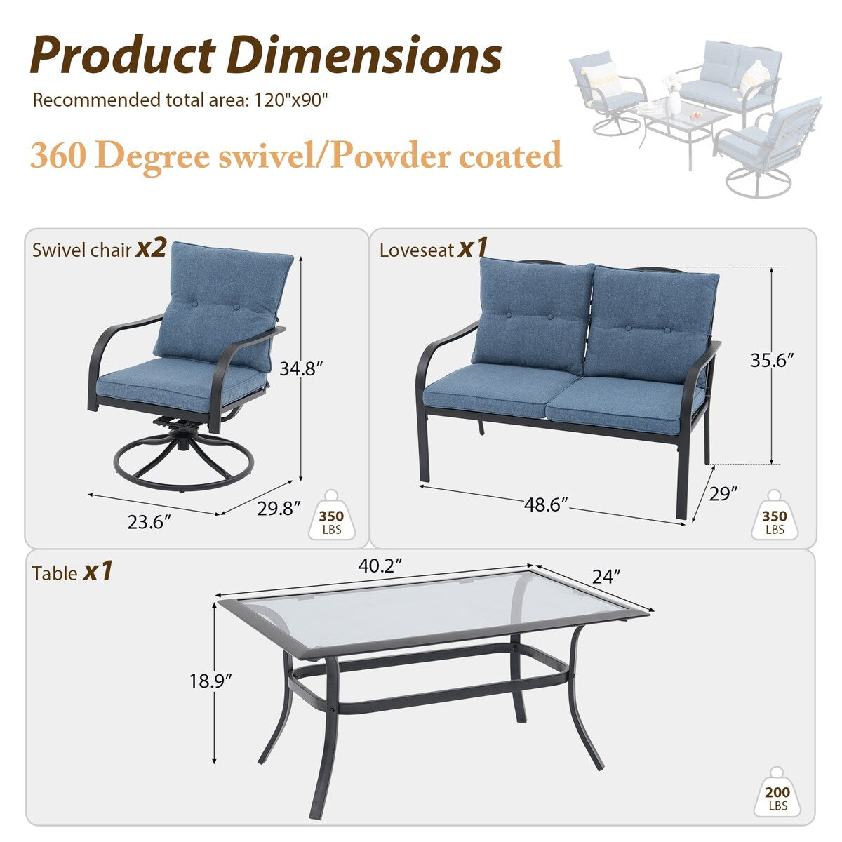 Gruppo di sedute da esterno per 4 persone, sedia girevole da patio con cuscini, tavolo in vetro temperato