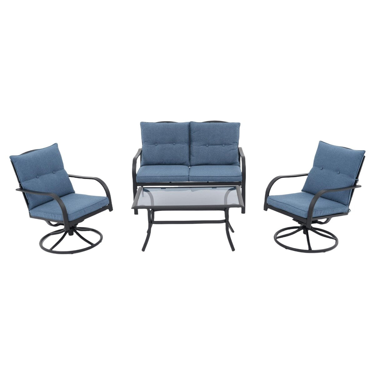 Gruppo di sedute da esterno per 4 persone, sedia girevole da patio con cuscini, tavolo in vetro temperato