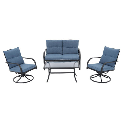 Gruppo di sedute da esterno per 4 persone, sedia girevole da patio con cuscini, tavolo in vetro temperato