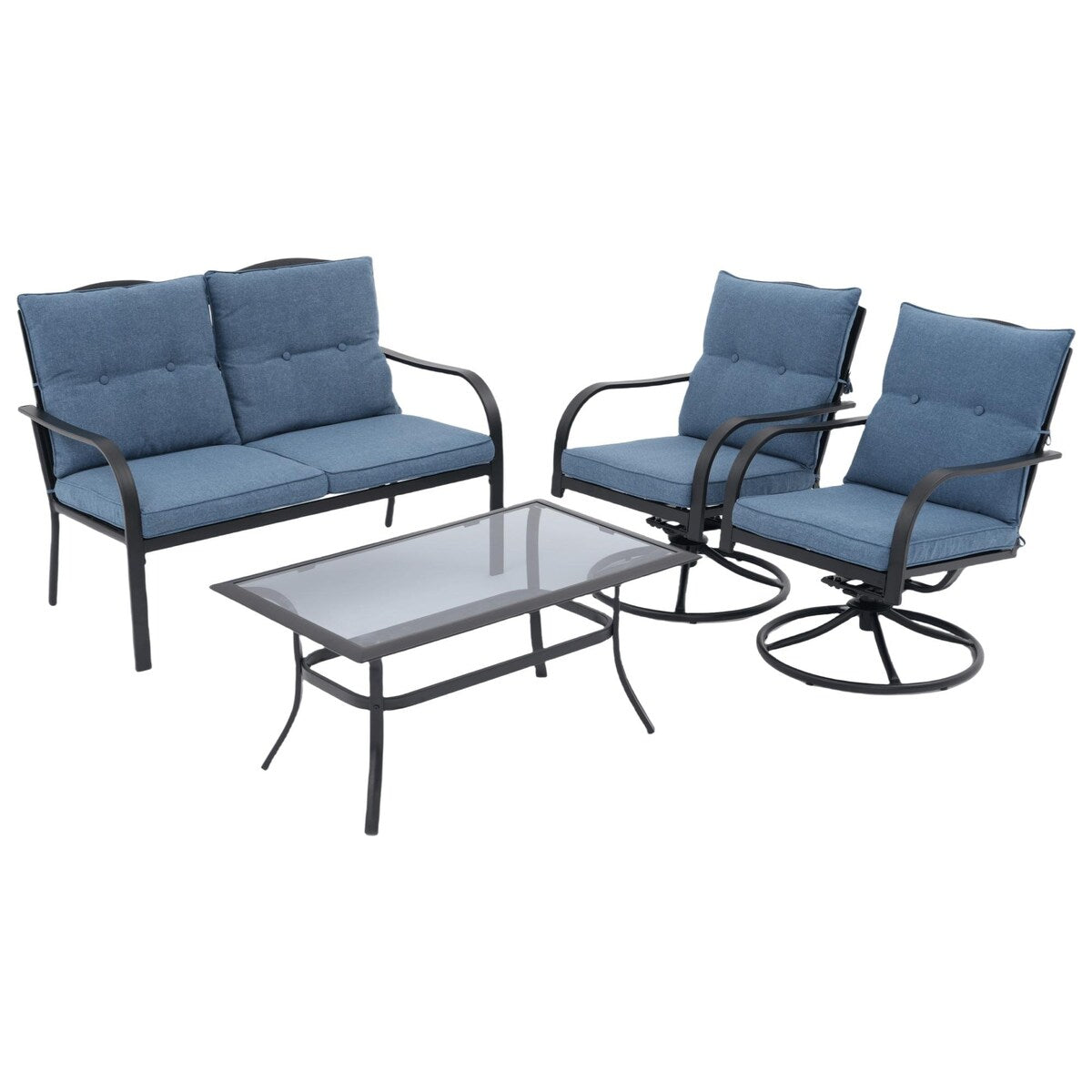 Gruppo di sedute da esterno per 4 persone, sedia girevole da patio con cuscini, tavolo in vetro temperato