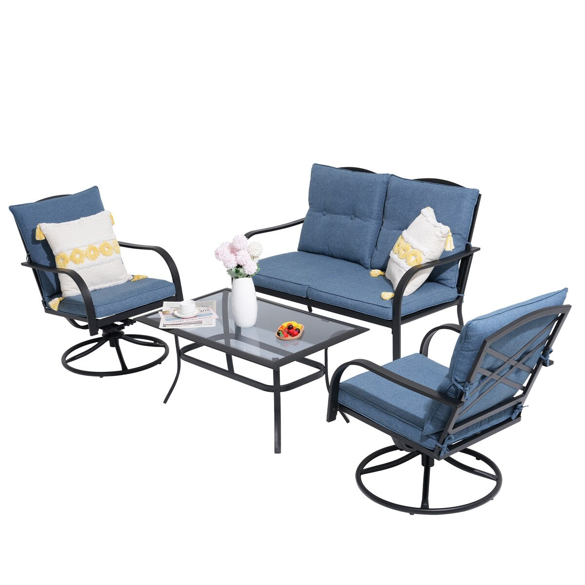 Gruppo di sedute da esterno per 4 persone, sedia girevole da patio con cuscini, tavolo in vetro temperato