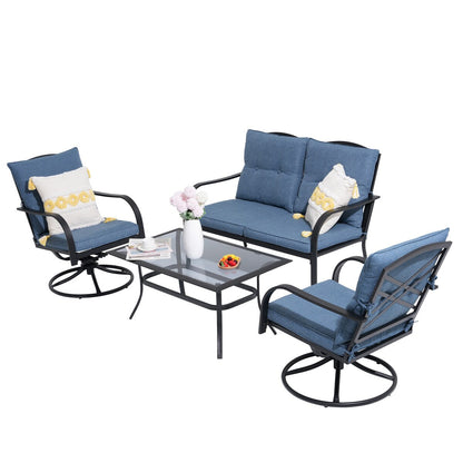 Gruppo di sedute da esterno per 4 persone, sedia girevole da patio con cuscini, tavolo in vetro temperato