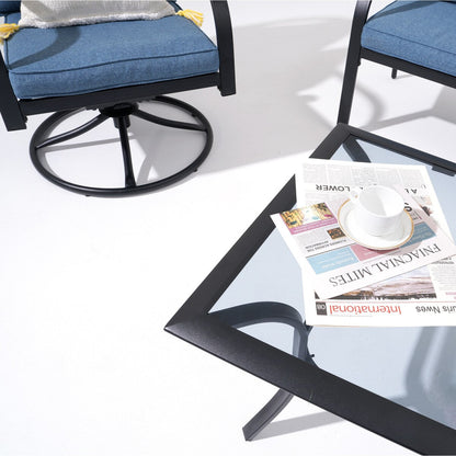 Gruppo di sedute da esterno per 4 persone, sedia girevole da patio con cuscini, tavolo in vetro temperato