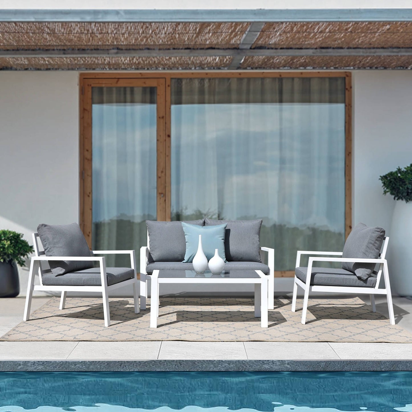 Set da conversazione in alluminio imbottito da esterno, 4 pezzi