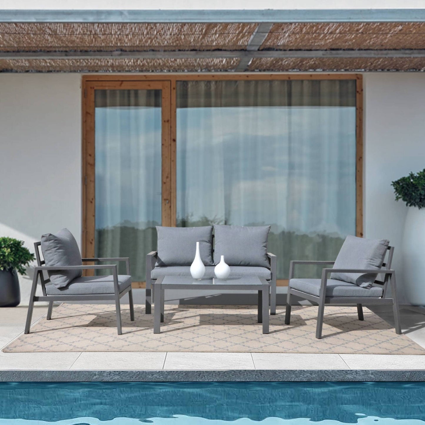 Set da conversazione in alluminio imbottito da esterno, 4 pezzi