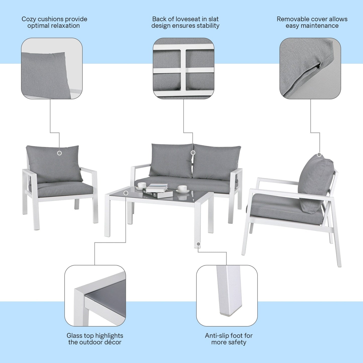 Set da conversazione in alluminio imbottito da esterno, 4 pezzi