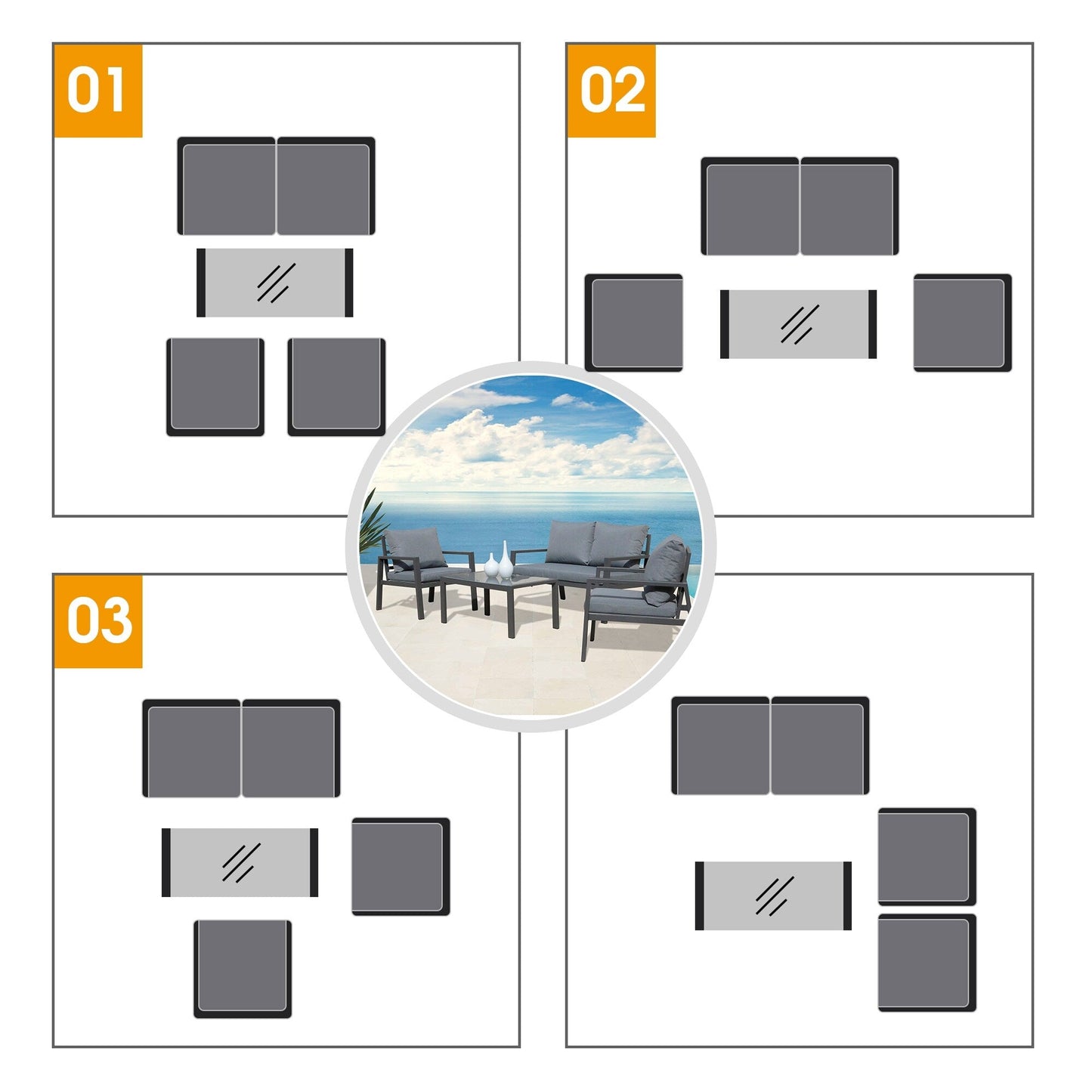 Set da conversazione in alluminio imbottito da esterno, 4 pezzi