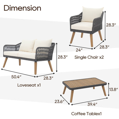 Set da conversazione in corda da esterno, 4 pezzi, con cuscini
