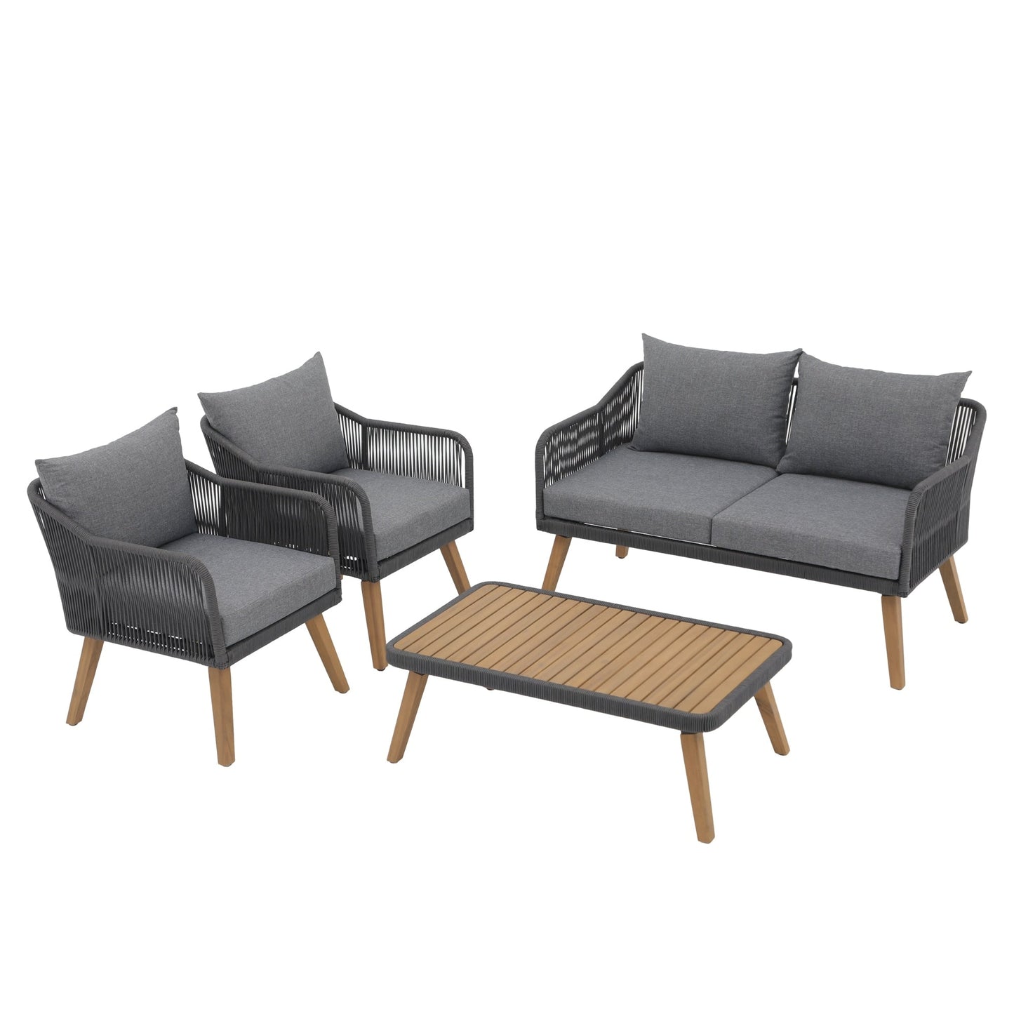 Set da conversazione in corda da esterno, 4 pezzi, con cuscini