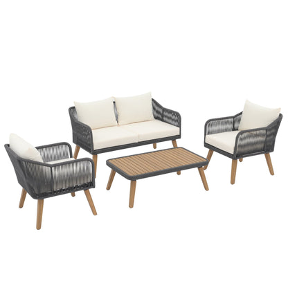 Set da conversazione in corda da esterno, 4 pezzi, con cuscini