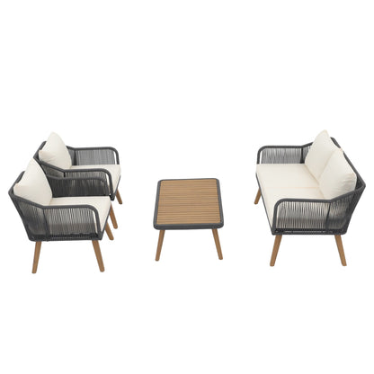 Set da conversazione in corda da esterno, 4 pezzi, con cuscini